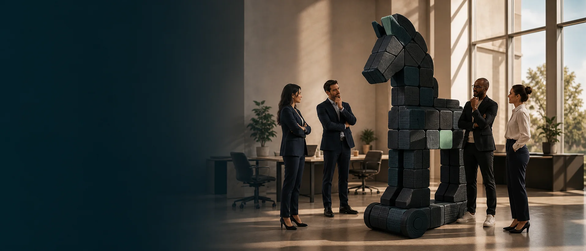 Un cheval monumental construit de modules sombres, avec un module menthe placé par une main humaine.