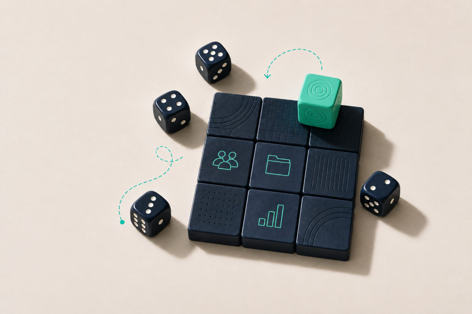 Neuf blocs sombres en grille, dont un cube vert soulevé, entourés de dés.