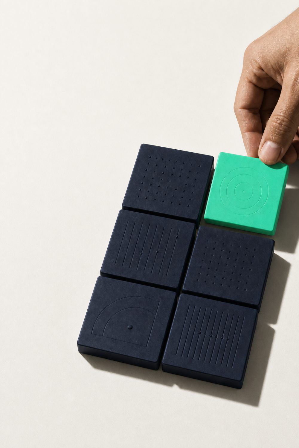 Une main pose un cube vert sur une grille de blocs sombres.