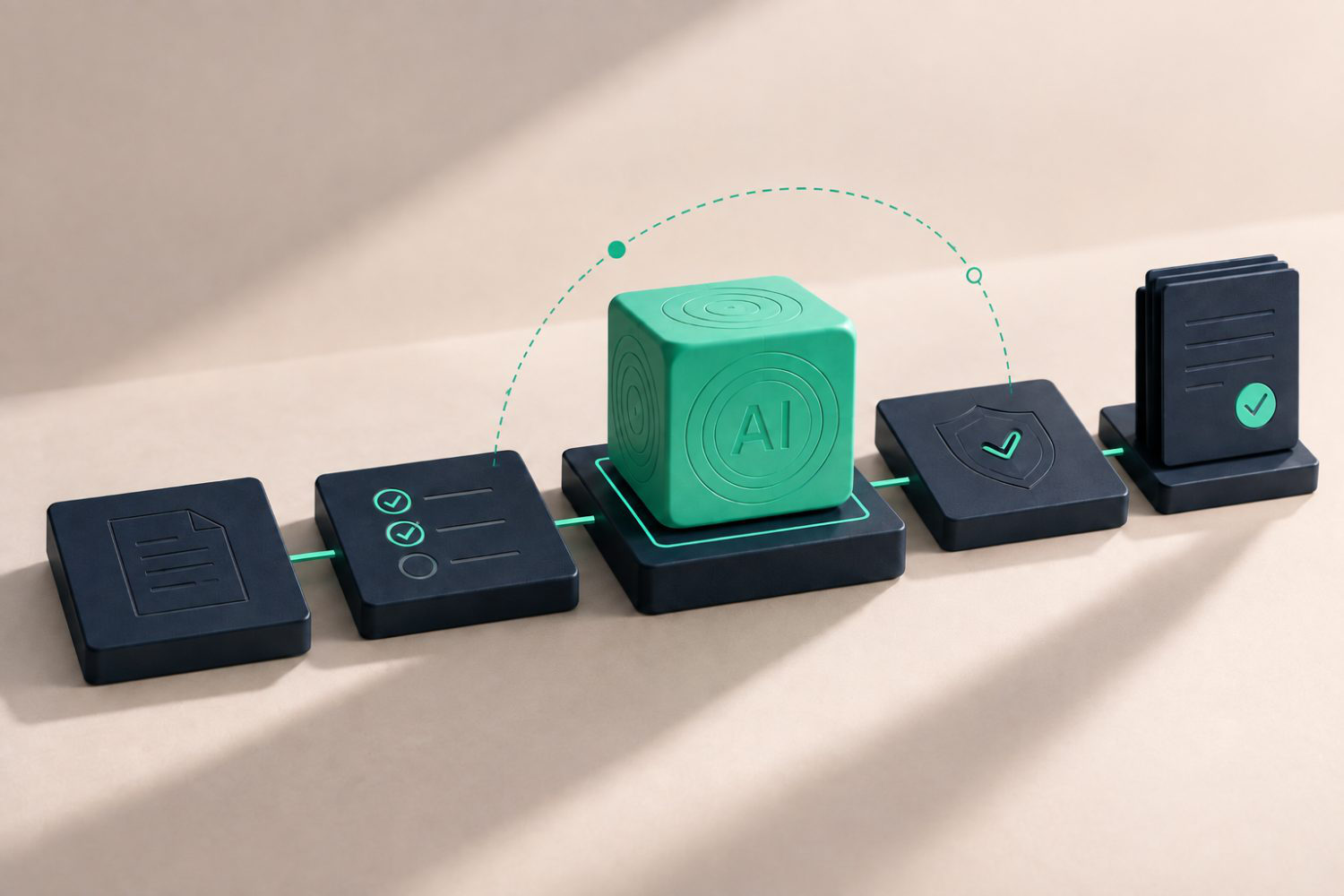 A green cube marked AI on its base, linked to a row of dark blocks.