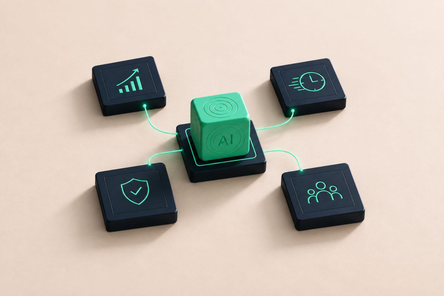 A green cube marked AI at the centre of dark blocks bearing management icons.