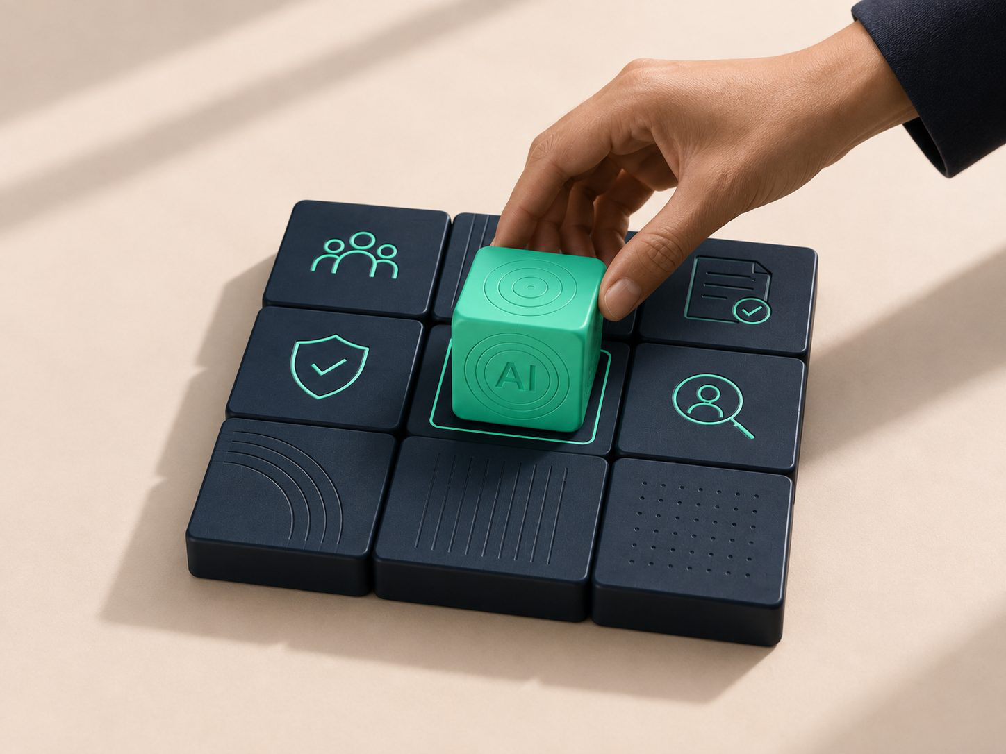 Une main dépose un cube vert marqué AI parmi des blocs aux icônes de personnes et de protection.