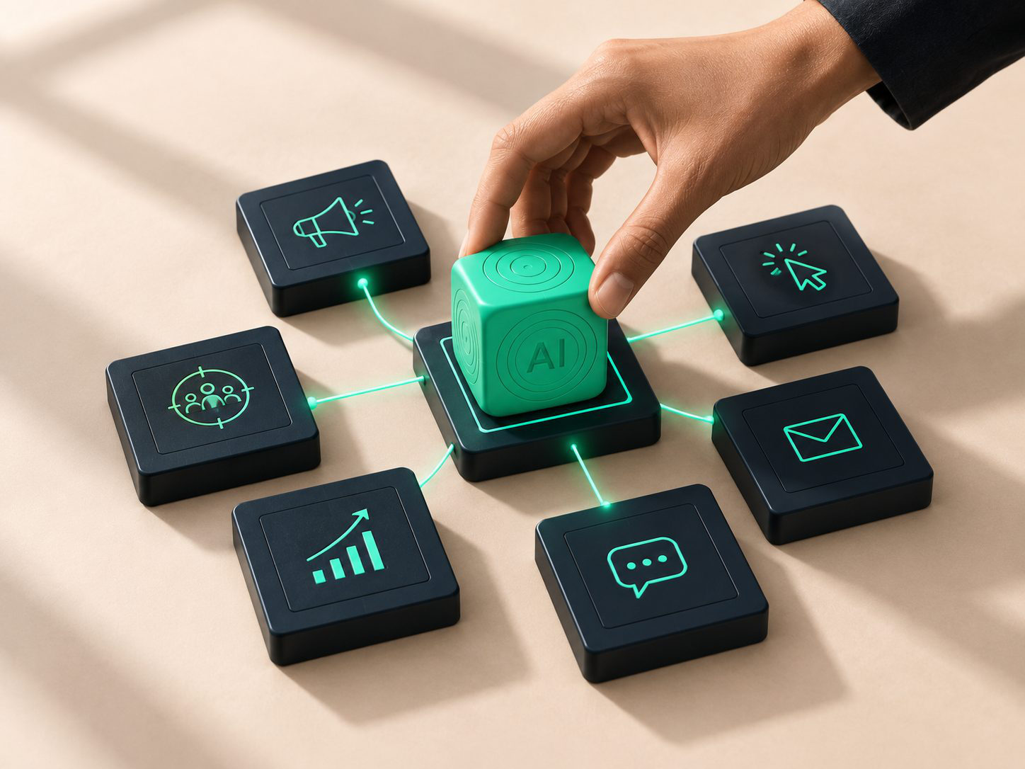 A hand places a green cube marked AI, linked to blocks with communication icons.