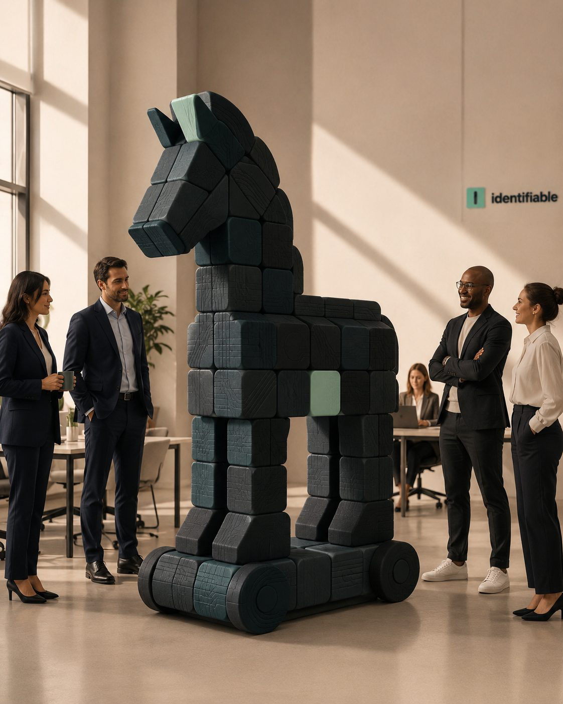 A Trojan horse built from dark blocks in the middle of a team, in an office.